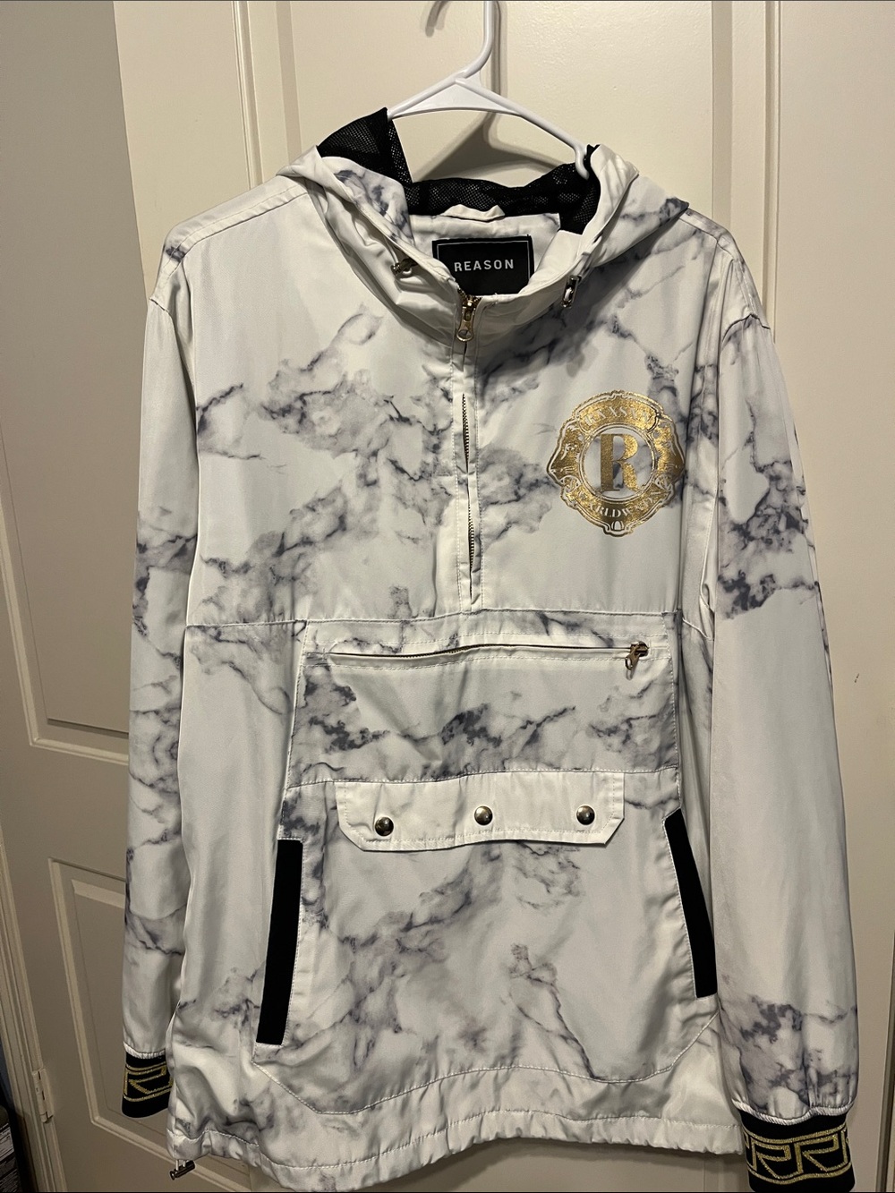 REASON White Marble-Print Pullover Windbreaker with Gold Crest